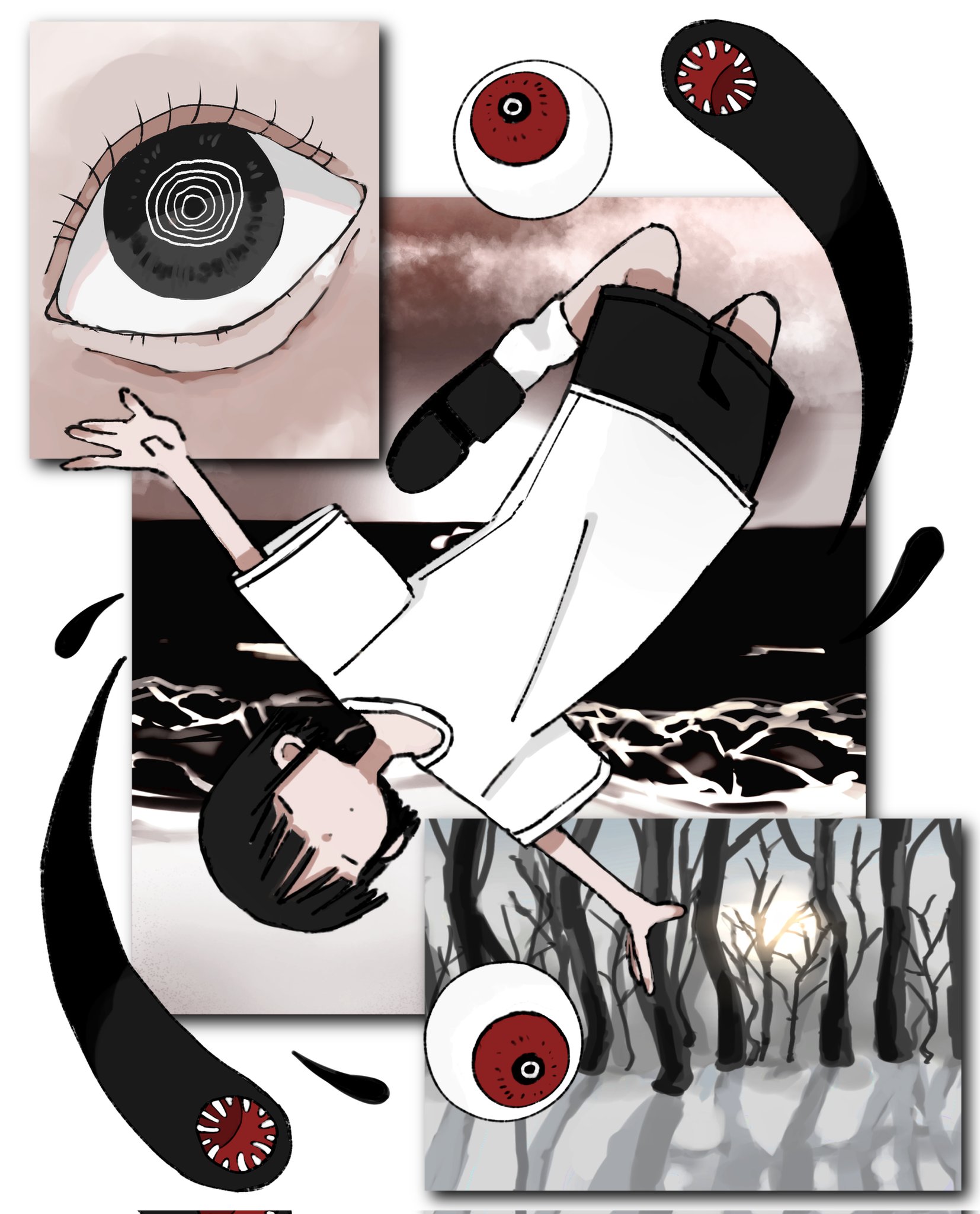 original, commentary request, highres, 1girl, bare tree, black eyes, black hair, black shoes, black shorts, closed eyes, eyeball, kodama madako, outstretched arms, red eyes, ringed eyes, shirt, shoes, short sleeves, shorts, socks, solo, spread arms, t-shirt, tree, upside-down, white shirt, white socks
