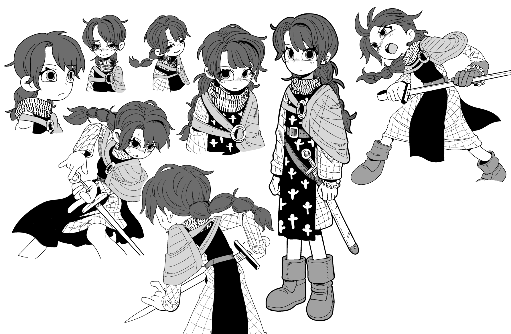 sumirechan (lalah7th), original, commentary request, highres, 1girl, belt, boots, bracelet, buckle, dress, expressionless, full body, gambeson, greyscale, holding, holding sword, holding weapon, jewelry, medieval, monochrome, multi-tied hair, multiple expressions, o-ring, open mouth, parted hair, round teeth, sheath, sheathed, side cape, simple background, smile, solo, standing, surcoat, sword, teeth, weapon, white background