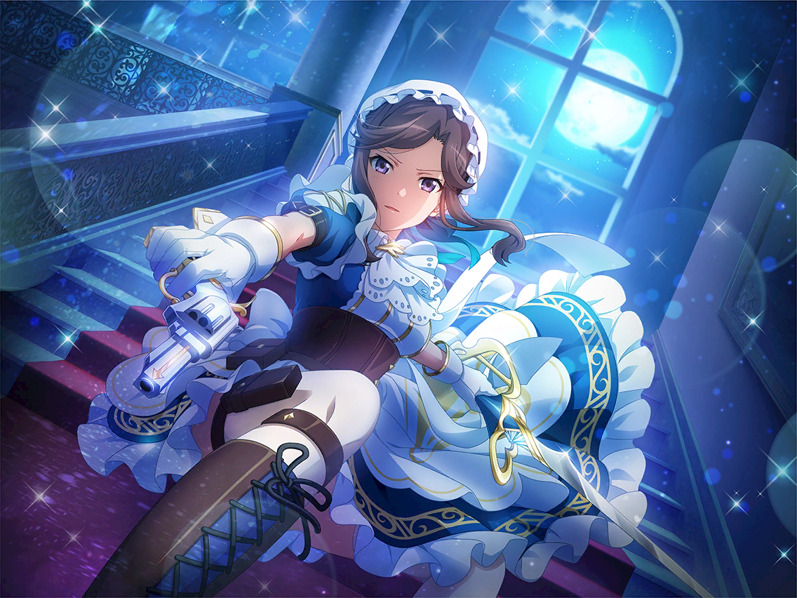 tendou maya, shoujo kageki revue starlight, shoujo kageki revue starlight -re live-, game cg, official art, 1girl, ascot, blue dress, boots, brown boots, brown corset, brown hair, corset, dress, dutch angle, full moon, gloves, gun, handgun, holding, holding gun, holding sword, holding weapon, indoors, knee boots, lace-up boots, looking at viewer, maid, moon, night, parted bangs, parted lips, puffy short sleeves, puffy sleeves, purple eyes, revolver, short sleeves, sidelocks, solo, stairs, sword, thigh strap, v-shaped eyebrows, weapon, white ascot, white gloves, window