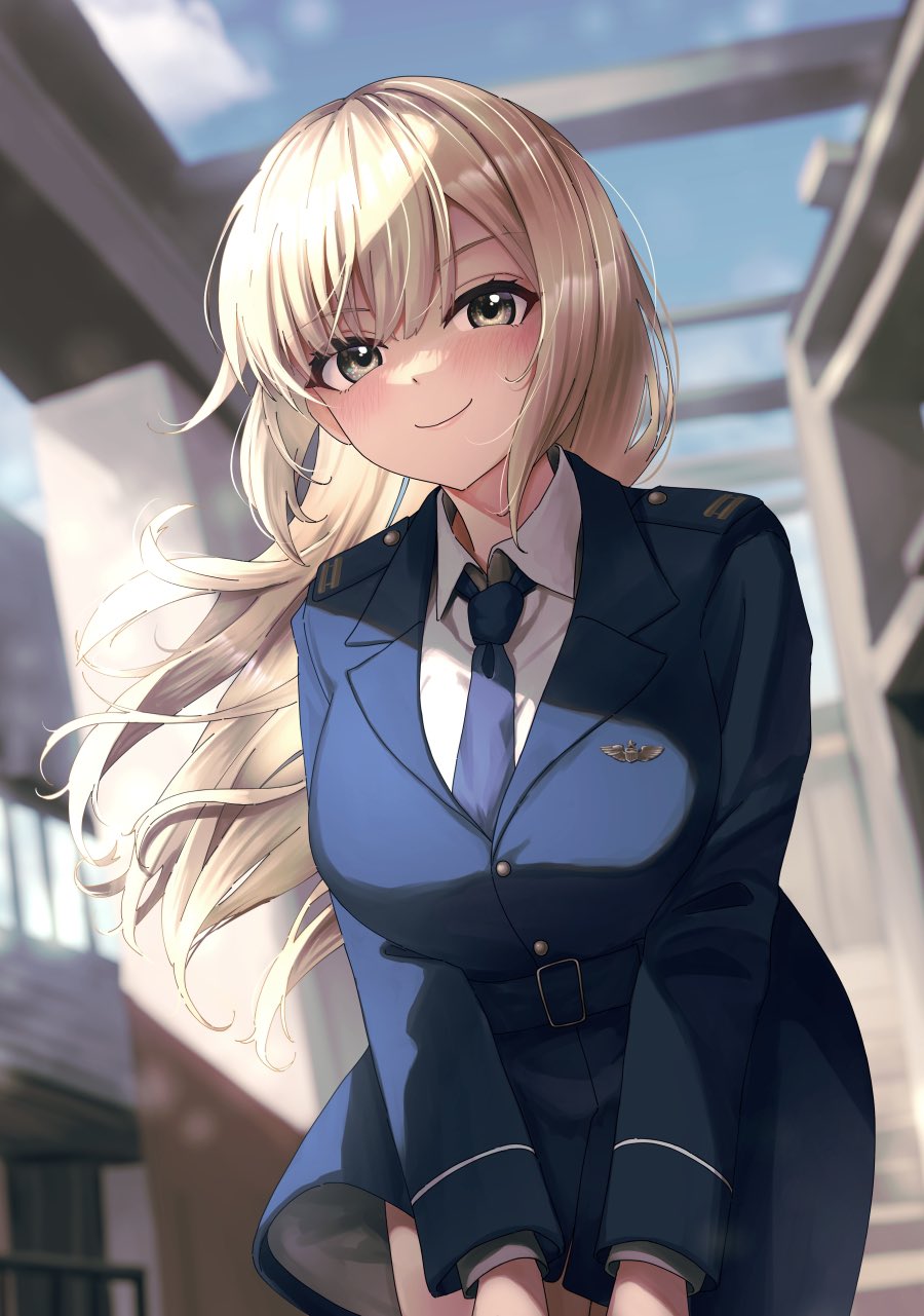 liar lawyer, world witches series, character request, commentary request, highres, 1girl, blonde hair, blue eyes, blue jacket, blue necktie, blurry, blurry background, blush, breasts, feet out of frame, jacket, large breasts, long hair, looking at viewer, military uniform, necktie, no pants, outdoors, shirt, smile, solo, standing, white shirt, wind