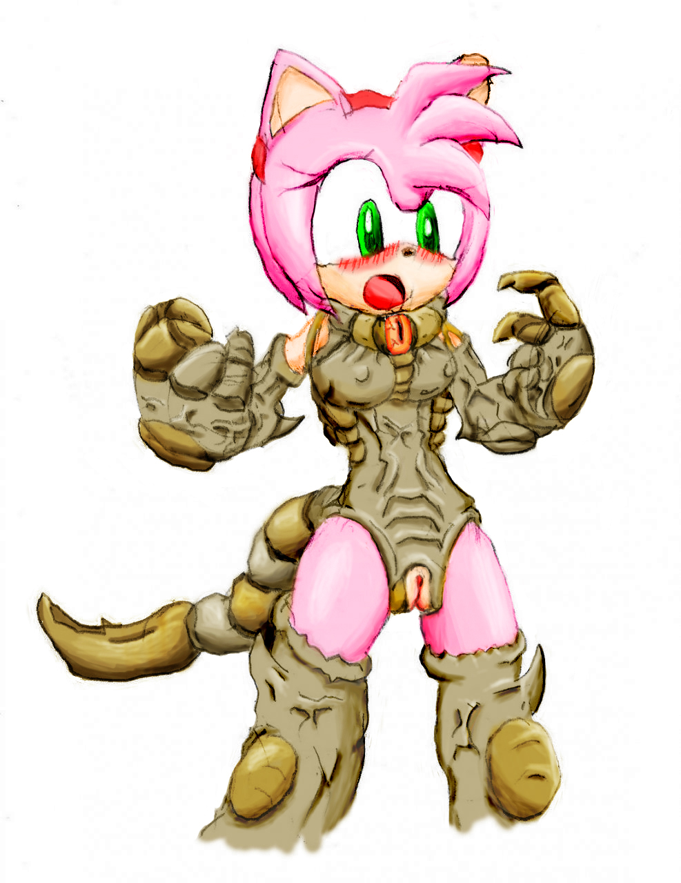amy rose, sigma star saga, sonic (series), highres, 1girl, biosuit, blush, female focus, furry, furry female, green eyes, hairband, hedgehog, living armor, living clothes, one-eyed, parasite, pussy, red eyes, solo, standing, uncensored, white background