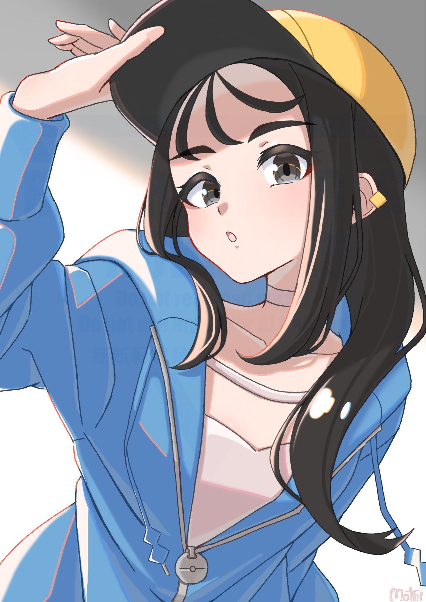 mochitaro (mothitaroo), lida (pokemon), nintendo, pokemon, pokemon legends: z-a, commentary request, highres, 1girl, baseball cap, black hair, blue hoodie, blush, breasts, choker, collarbone, earclip, grey eyes, hat, hood, hood down, hoodie, jacket, long hair, long sleeves, looking at viewer, parted lips, shirt, small breasts, solo, white choker, white shirt, wispy bangs