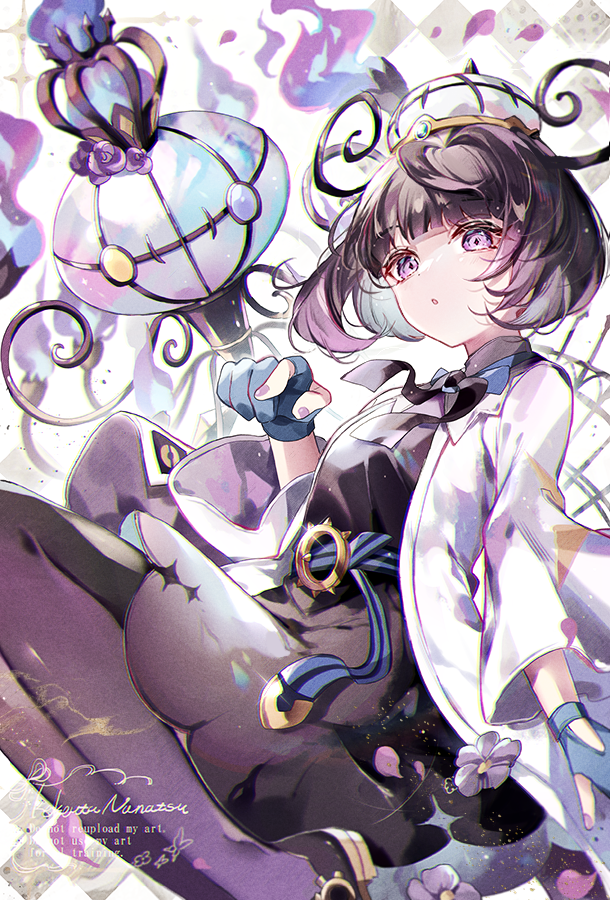 coco7, chandelure, gwynn (pokemon), mega chandelure, nintendo, pokemon, pokemon legends: z-a, commentary request, 1girl, belt, black dress, black hair, blue gloves, blunt bangs, blush, bob cut, breasts, chandelier, coat, dress, fire, flower, gen 5 pokemon, gloves, gradient hair, hat, long sleeves, looking at viewer, mega pokemon, mega stone, mismatched eyes, multicolored hair, o-ring, o-ring belt, open clothes, open coat, pantyhose, parted lips, partially fingerless gloves, pointing, pointing at viewer, pokemon (creature), purple eyes, purple fire, purple hair, purple nails, purple pantyhose, shoes, short hair, small breasts, white coat, yellow eyes