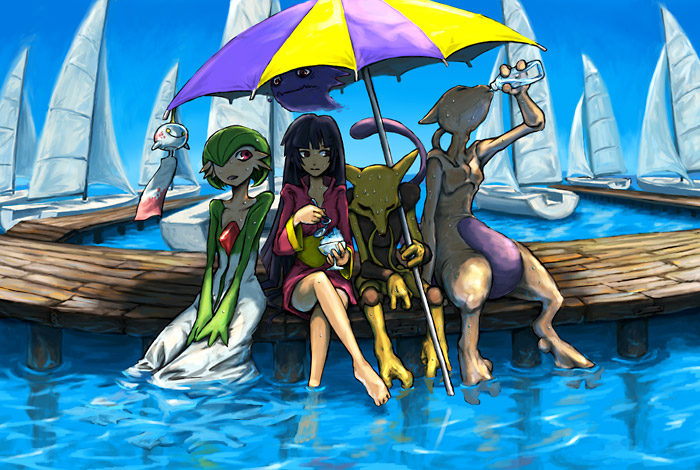 alakazam, chimecho, gardevoir, haunter, mewtwo, sabrina (pokemon), nintendo, pokemon, pokemon rgby, pokemon rse, artist request, 00s, 1990s (style), 1girl, barefoot, black hair, boat, crossed legs, dock, drink, food, gen 1 pokemon, gen 3 pokemon, gym leader, holding, holding spoon, holding umbrella, ice cream, legendary pokemon, long hair, outdoors, pier, pokemon (creature), retro artstyle, sitting, soaking feet, spoon, sweat, umbrella, water, watercraft