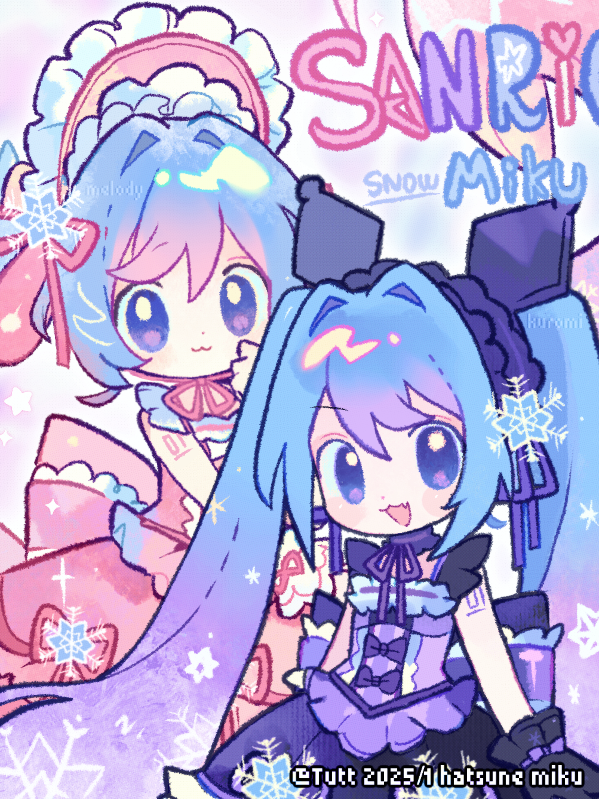 tuteo, hatsune miku, kuromi, my melody, yuki miku, sanrio, vocaloid, absurdres, chinese commentary, commentary request, highres, 2girls, :3, a-line dress, animal ear headwear, arm tattoo, back bow, black bow, black gloves, blue eyes, bonnet, bow, chinstrap, cosplay, dress, dual persona, fake animal ears, fang, frilled dress, frilled headwear, frills, gloves, gradient hair, hair intakes, hand up, kuromi (cosplay), lolita fashion, long hair, looking at viewer, multicolored hair, multiple girls, my melody (cosplay), neck ribbon, number tattoo, open mouth, patterned hair, pink bonnet, pink bow, pink dress, pink hair, pink ribbon, purple dress, purple hair, ribbon, short hair, sidelocks, skin fang, snowflakes, tattoo, twintails