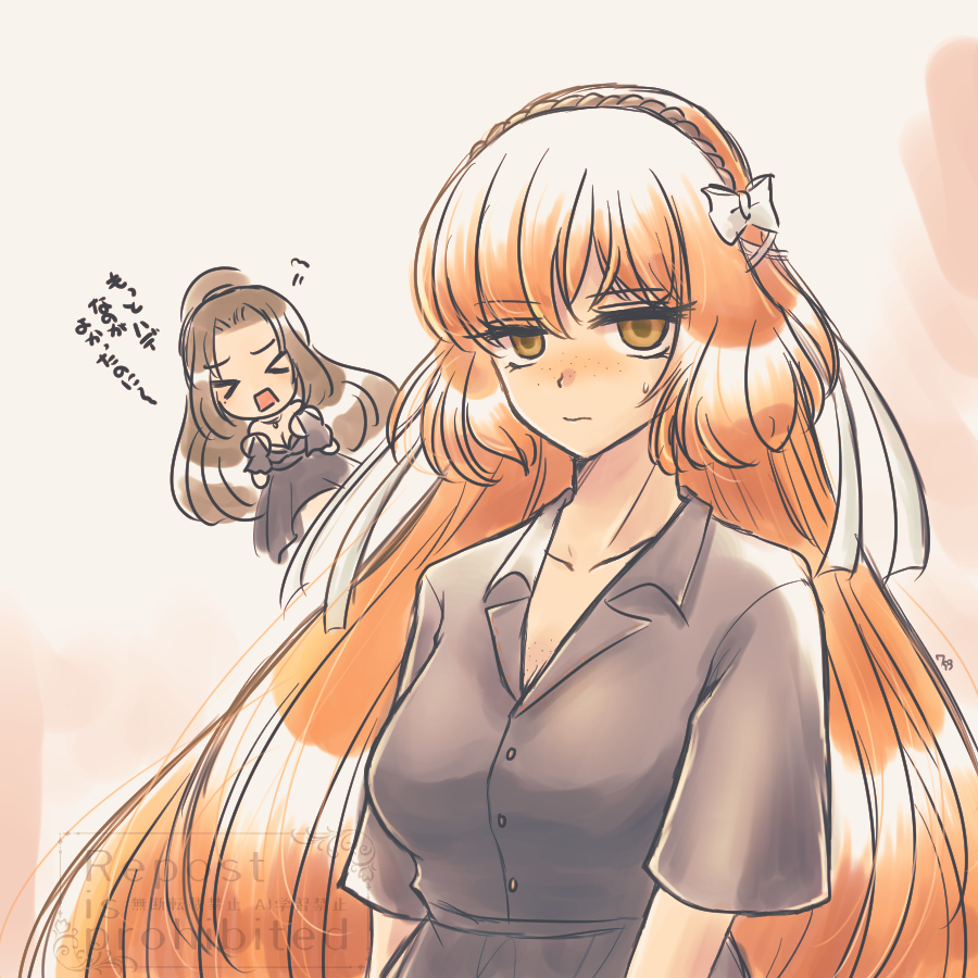 793 (oo793oo), ishmael (project moon), rodion (project moon), limbus company, project moon, commentary request, translation request, > <, 2girls, black dress, bow, brown hair, brown hairband, clenched hands, dress, freckles, hair bow, hairband, hands up, high ponytail, long hair, looking at viewer, multiple girls, open mouth, orange hair, ponytail, rope, short sleeves, sidelocks, simple background, sweat, very long hair, white background, white bow