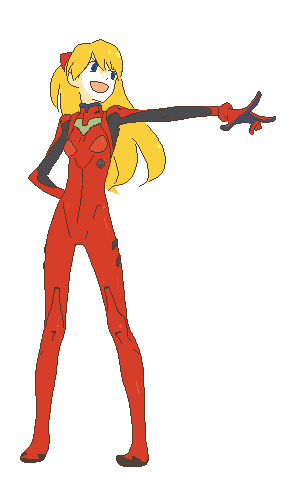 gen (susono01), souryuu asuka langley, neon genesis evangelion, lowres, arm behind back, bracer, flat chest, full body, hair between eyes, legs apart, mecha pilot suit, oekaki, plugsuit (evangelion), pointing, simple background, smile, solo, standing, white background