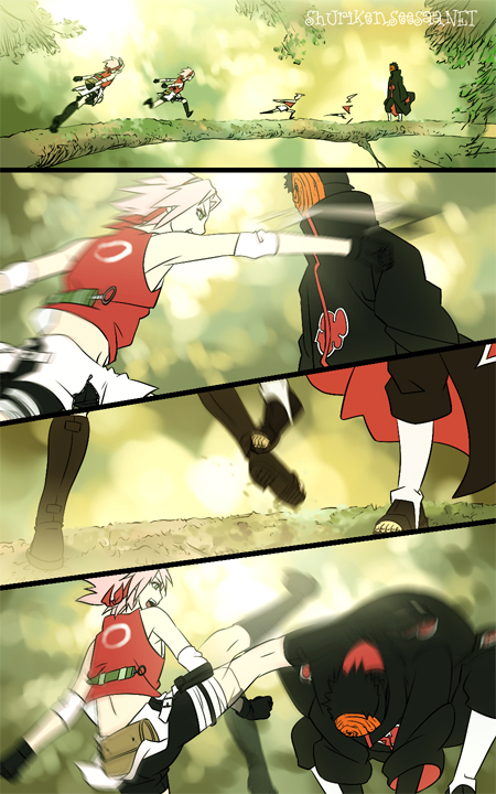 @ (shuriken fighter), shuriken (artist), haruno sakura, tobi (naruto), uchiha obito, naruto (series), naruto shippuuden, 1boy, 1girl, battle, kicking, motion blur, pink hair, punching
