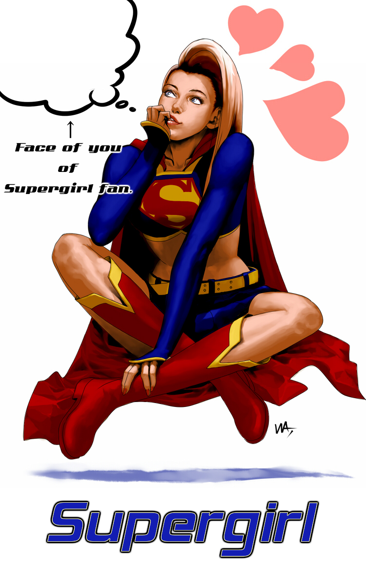 wakino keibun, supergirl, dc comics, superman (series), red footwear, 1girl, belt, blonde hair, blue eyes, blue skirt, boots, cape, character name, crossed legs, english text, engrish text, female focus, floating, heart, kryptonian, long hair, midriff, miniskirt, ranguage, red cape, s shield, shoes, sitting, skirt, solo, tank top