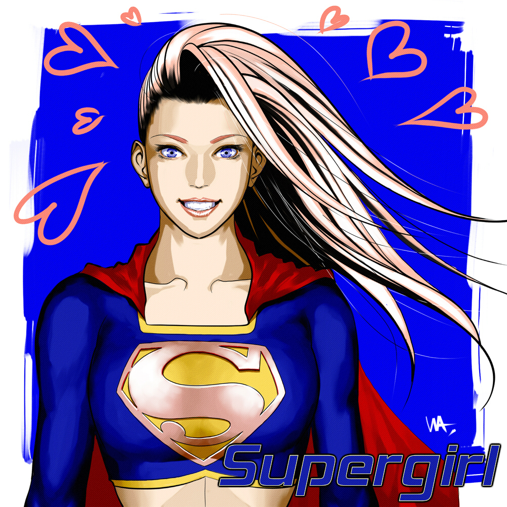 wakino keibun, supergirl, dc comics, superman (series), 1girl, alien, blonde hair, blue eyes, cape, character name, crop top, female focus, grin, kryptonian, long hair, long sleeves, red cape, s shield, smile, solo, tank top