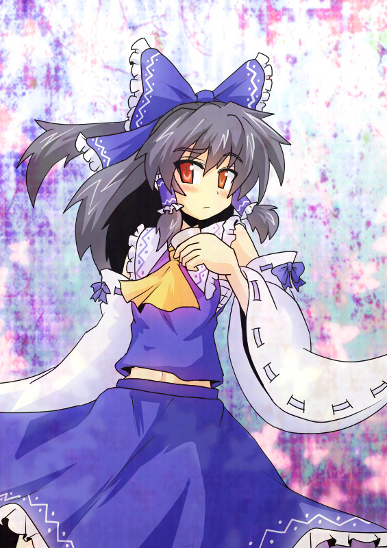 harukatron, hakurei reimu, phantasmagoria of flower view, touhou, 1girl, alternate color, alternate costume, black hair, blush, bow, breasts, detached sleeves, female focus, hair bow, japanese clothes, miko, player 2, red eyes, sideboob, small breasts, solo