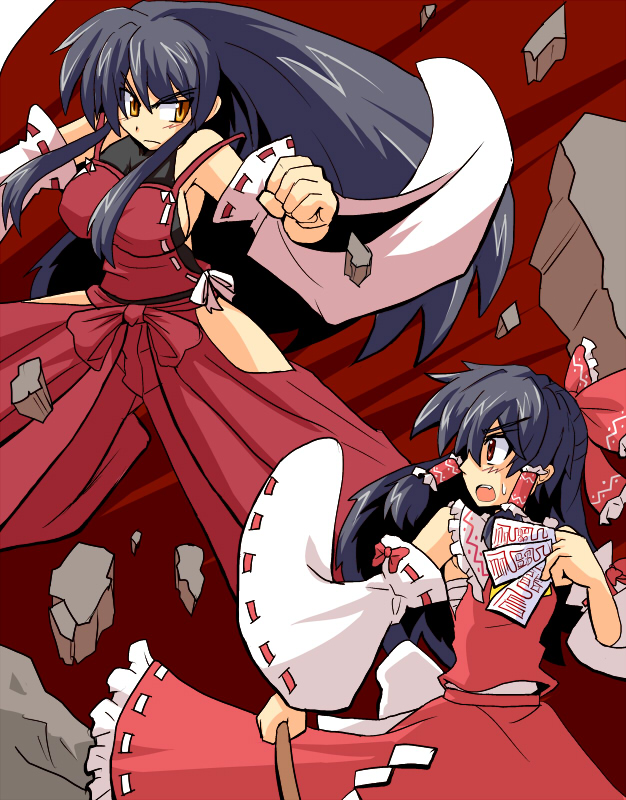 harukatron, hakurei reimu, sendai hakurei no miko, sendai hakurei no miko (m.u.g.e.n), m.u.g.e.n, original, touhou, 2girls, bare hips, black hair, detached sleeves, female focus, gohei, hair ribbon, hair tubes, long hair, long sleeves, multiple girls, nontraditional miko, ofuda, open mouth, ribbon, spell tag, sweatdrop