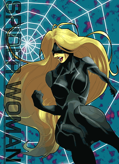 butaco, spider woman, marvel, blonde hair, bodysuit, long hair, mask, open mouth, skin tight, solo, web