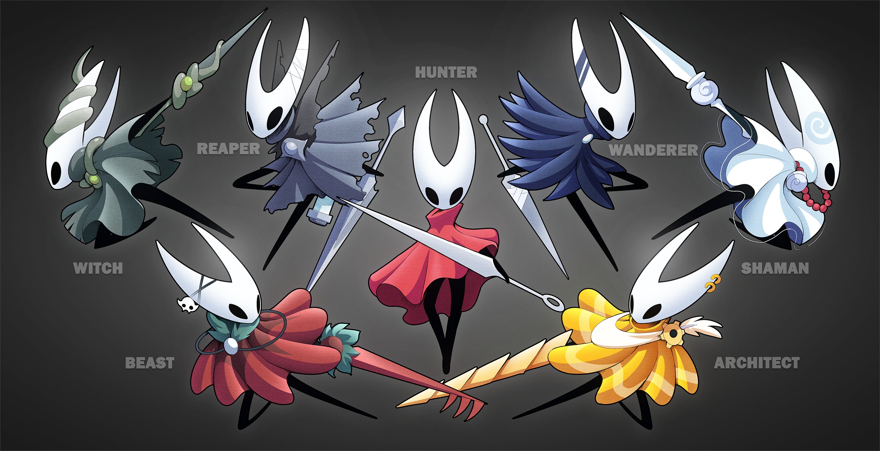 ultimatemaverickx, hornet (hollow knight), hollow knight, hollow knight: silksong, highres, arthropod girl, bead necklace, beads, black background, black coat, blue coat, coat, from side, gradient background, grey background, holding, holding needle, holding speaker, holding staff, holding weapon, horns, jewelry, jumping, looking at viewer, mask, necklace, needle, red coat, staff, torn clothes, weapon, white mask, yellow coat