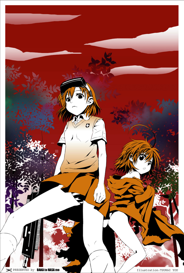 tsukai yowo, last order (toaru majutsu no index), misaka imouto, toaru kagaku no railgun, toaru majutsu no index, bad id, bad pixiv id, 2girls, ahoge, assault rifle, back-to-back, brown eyes, brown hair, cloud, coat, from below, gun, head-mounted display, multiple girls, panties, pantyshot, red sky, rifle, school uniform, short hair, siblings, sisters, sky, striped clothes, striped panties, sweater vest, text focus, tree, underwear, weapon