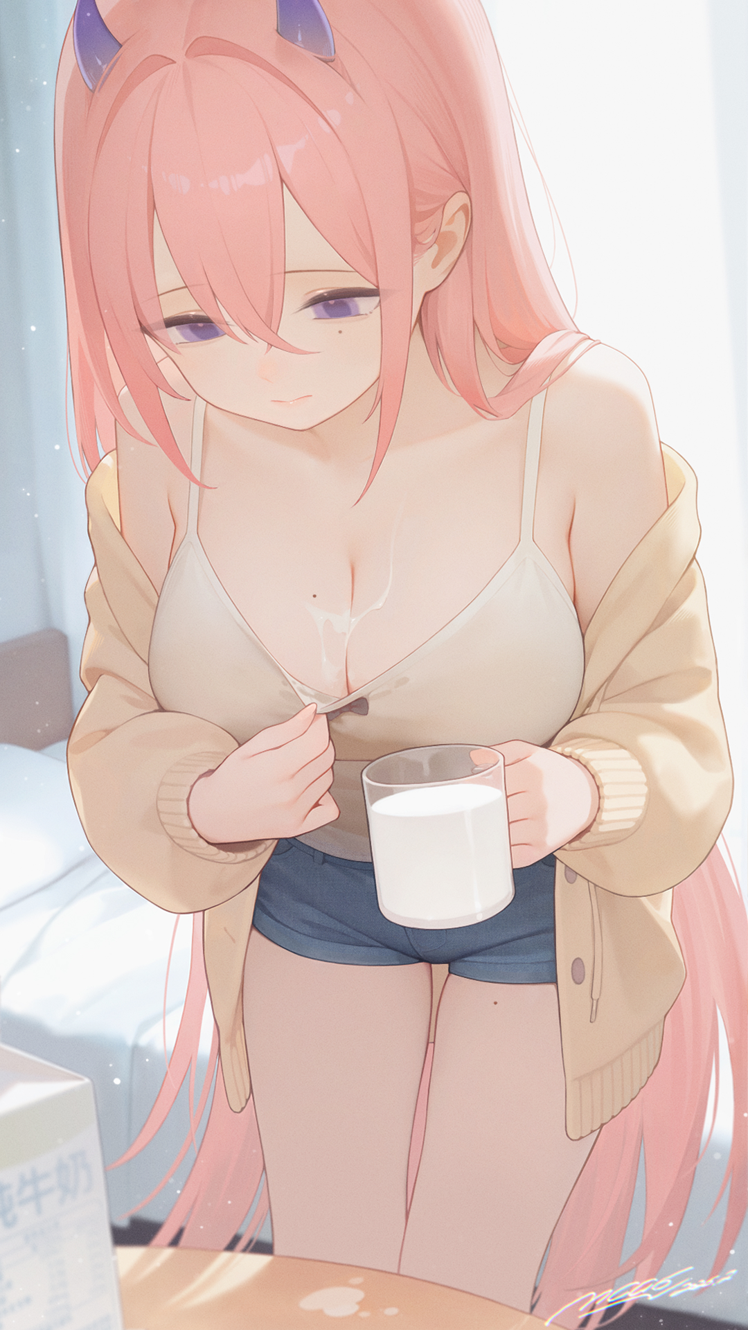 mcg6, original, chinese commentary, commentary, highres, 1girl, bow camisole, breasts, camisole, cardigan, cleavage, cup, demon horns, denim, denim shorts, drink carton, food on body, food on breasts, holding, holding cup, horns, indoors, large breasts, long hair, looking down, milk, milk carton, mole, mole on breast, mole on thigh, mole under eye, orange hair, sexually suggestive, short shorts, shorts, signature, solo, straight hair, thighs, very long hair, white camisole, yellow cardigan
