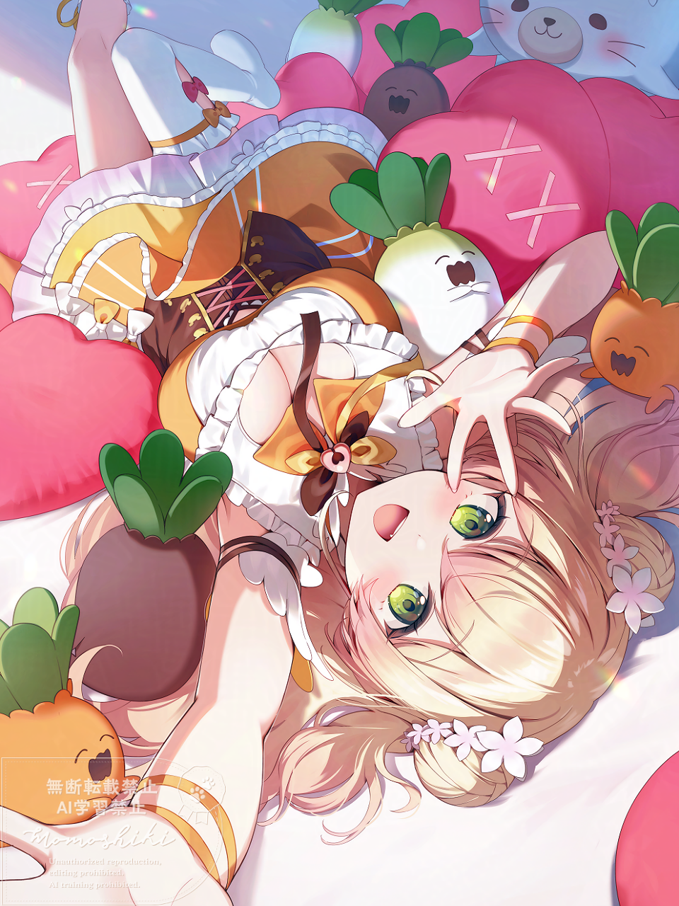 momoshiki tsubaki, momosuzu nene, momosuzu nene (1st costume), nekko (momosuzu nene), hololive, commentary request, highres, 1girl, :d, arm garter, arm up, asymmetrical legwear, bed sheet, bell, blonde hair, bow, bowtie, breasts, brown bow, brown bowtie, brown corset, cleavage, cleavage cutout, clothing cutout, corset, double-parted bangs, double bun, dress, fang, flower, foreshortening, frilled dress, frilled shirt, frilled skirt, frilled thighhighs, frills, gradient hair, green eyes, hair bun, hair flower, hair ornament, hand up, heart cushion, jingle bell, knees together feet apart, large breasts, layered skirt, leg up, looking at viewer, lying, miniskirt, multicolored bow, multicolored bowtie, multicolored hair, multicolored skirt, neck bell, on bed, open hand, open mouth, orange bow, orange bowtie, orange shirt, orange skirt, peach ornament, petticoat, pink flower, pink hair, pink skirt, pleated skirt, reaching, reaching towards viewer, shadow, shirt, side up bun, single thighhigh, skirt, skirt set, sleeveless, sleeveless shirt, smile, stuffed animal, stuffed seal, stuffed toy, surrounded, teeth, thighhighs, tongue, two side up, underbust, uneven legwear, upper teeth only, upside-down, virtual youtuber, watermark, white thighhighs, yellow bow, yellow bowtie, yellow skirt