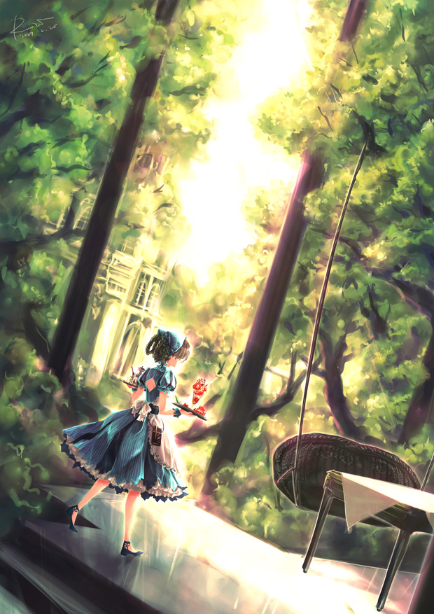 komiki2gou, original, bad id, bad pixiv id, bench, braid, brown hair, building, cafe, food, hair ribbon, parfait, ribbon, scenery, short hair, solo, tablecloth, teapot, tray, tree, twin braids, waitress