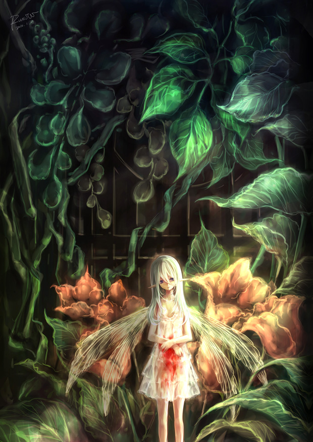 komiki2gou, original, bad id, bad pixiv id, 1girl, blood, cage, dress, fairy, female focus, flower, long hair, mini person, minigirl, plant, pointy ears, purple eyes, solo, white hair, wings