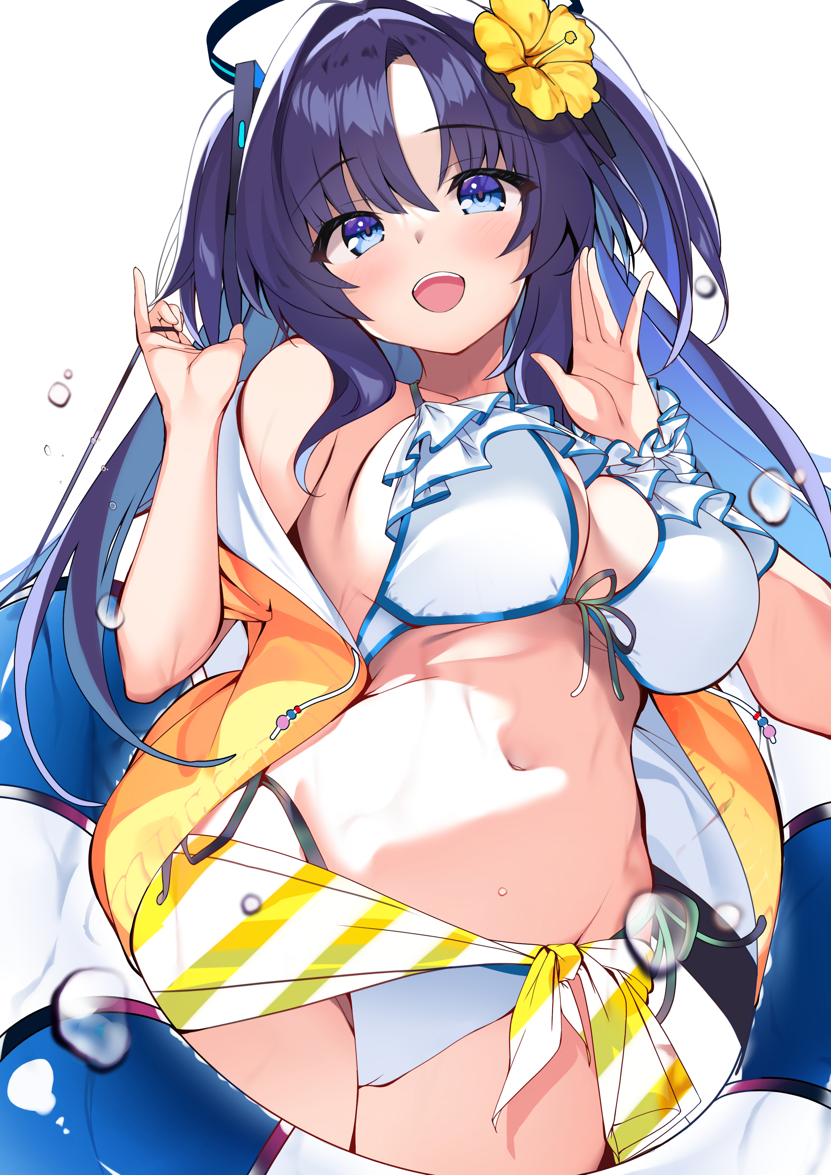 netarou, yuuka (blue archive), blue archive, absurdres, commentary request, highres, 1girl, bare shoulders, bikini, blush, breasts, cleavage, flower, hair flower, hair ornament, halo, innertube, large breasts, long hair, looking at viewer, navel, purple eyes, purple hair, sarong, sidelocks, smile, solo, swim ring, swimsuit, two side up, white bikini