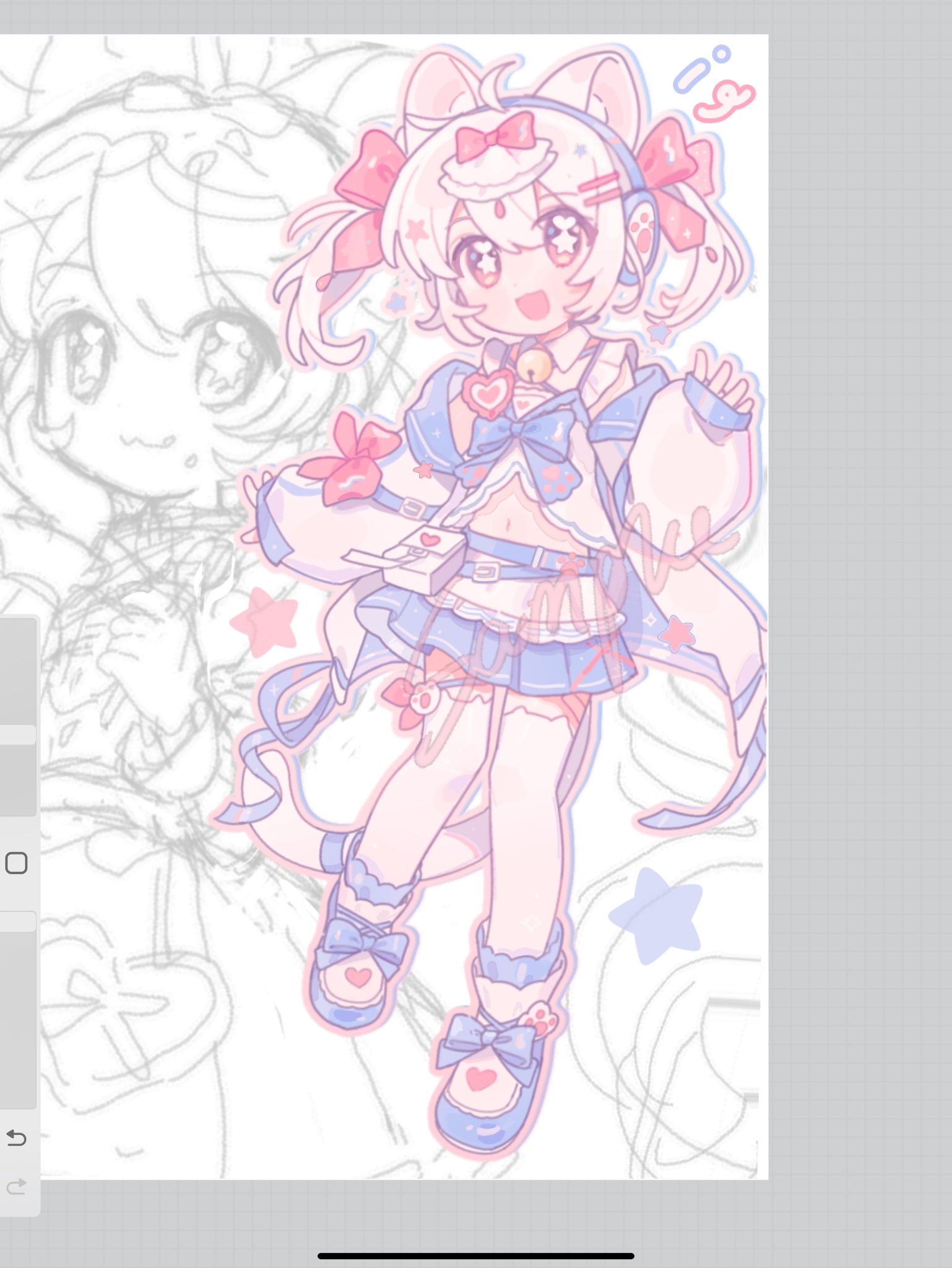 fanqiealxe, original, commentary, highres, procreate (medium), symbol-only commentary, unfinished, 1girl, :3, :d, :q, ahoge, animal ear legwear, animal ears, blue bow, blue bowtie, blue shoes, blue skirt, bow, bowtie, cat ear legwear, cat ears, cat girl, cat tail, closed mouth, double-parted bangs, full body, hair between eyes, hair ornament, hairclip, long sleeves, looking at viewer, multiple views, navel, open mouth, parallel hairclips, pink eyes, pleated skirt, procreate (software), shirt, shoes, short hair, short twintails, sketch background, skirt, smile, standing, star-shaped pupils, star (symbol), symbol-shaped pupils, tail, thighhighs, tongue, tongue out, twintails, white hair, white shirt, zettai ryouiki