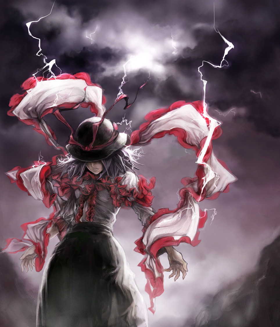 amagaya (rat-tat-tat), nagae iku, touhou, bad id, bad pixiv id, 1girl, cloud, electricity, female focus, frills, hat, outdoors, purple hair, ribbon, shawl, short hair, sky, solo