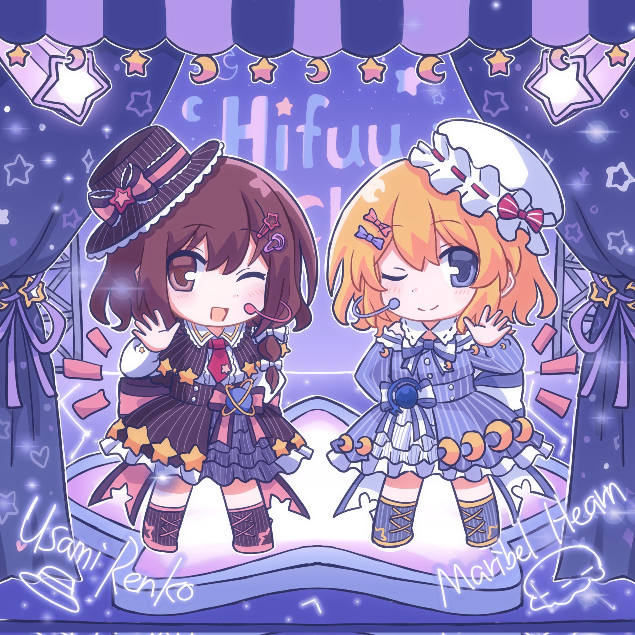 silverrain, maribel hearn, usami renko, touhou, clothing request, commentary, highres, 2girls, :d, alternate costume, alternate headwear, arm behind back, back bow, bare shoulders, black bow, black hat, black shawl, blonde hair, blue bow, blue dress, blue eyes, blush, boots, bow, brown eyes, brown hair, buttons, character name, chibi, chibi only, closed mouth, collared shirt, contrast collar, crescent, crescent hair ornament, curtains, dress, dress shirt, frilled dress, frilled hat, frilled shirt collar, frilled skirt, frills, hair bow, hair ornament, hairpin, hat, hat bow, hat ornament, idol, idol clothes, large bow, looking at viewer, medium hair, microphone, multiple girls, necktie, one eye closed, open mouth, red bow, red necktie, ribbon-trimmed collar, ribbon-trimmed hat, ribbon trim, shawl, shirt, skirt, smile, standing, star (symbol), star hair ornament, star hat ornament, two-tone bow, waving, white bow, white hat, white shirt