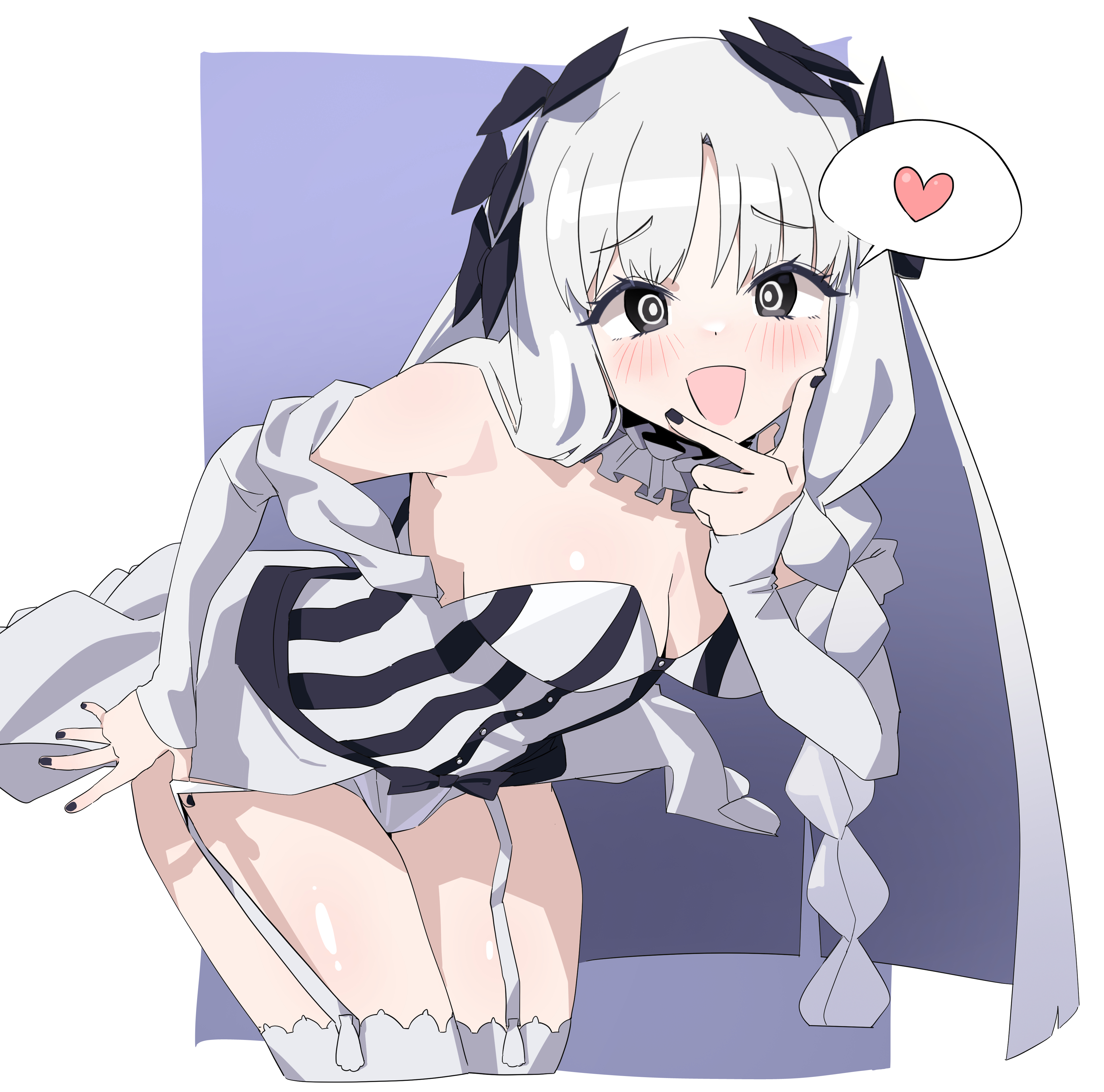 doridor, francesca prelati (fate), fate/strange fake, fate (series), absurdres, commentary, highres, 1girl, bare shoulders, black bow, black eyes, blush, bow, braid, breasts, cleavage, collar, colored inner hair, detached sleeves, dress, frilled collar, frills, garter straps, grey hair, hair bow, heart, leaning forward, long hair, looking at viewer, medium breasts, multicolored hair, open mouth, panties, parted bangs, ringed eyes, sidelocks, smile, solo, striped clothes, striped dress, thighhighs, thighs, underwear, white dress, white hair, white panties, white thighhighs