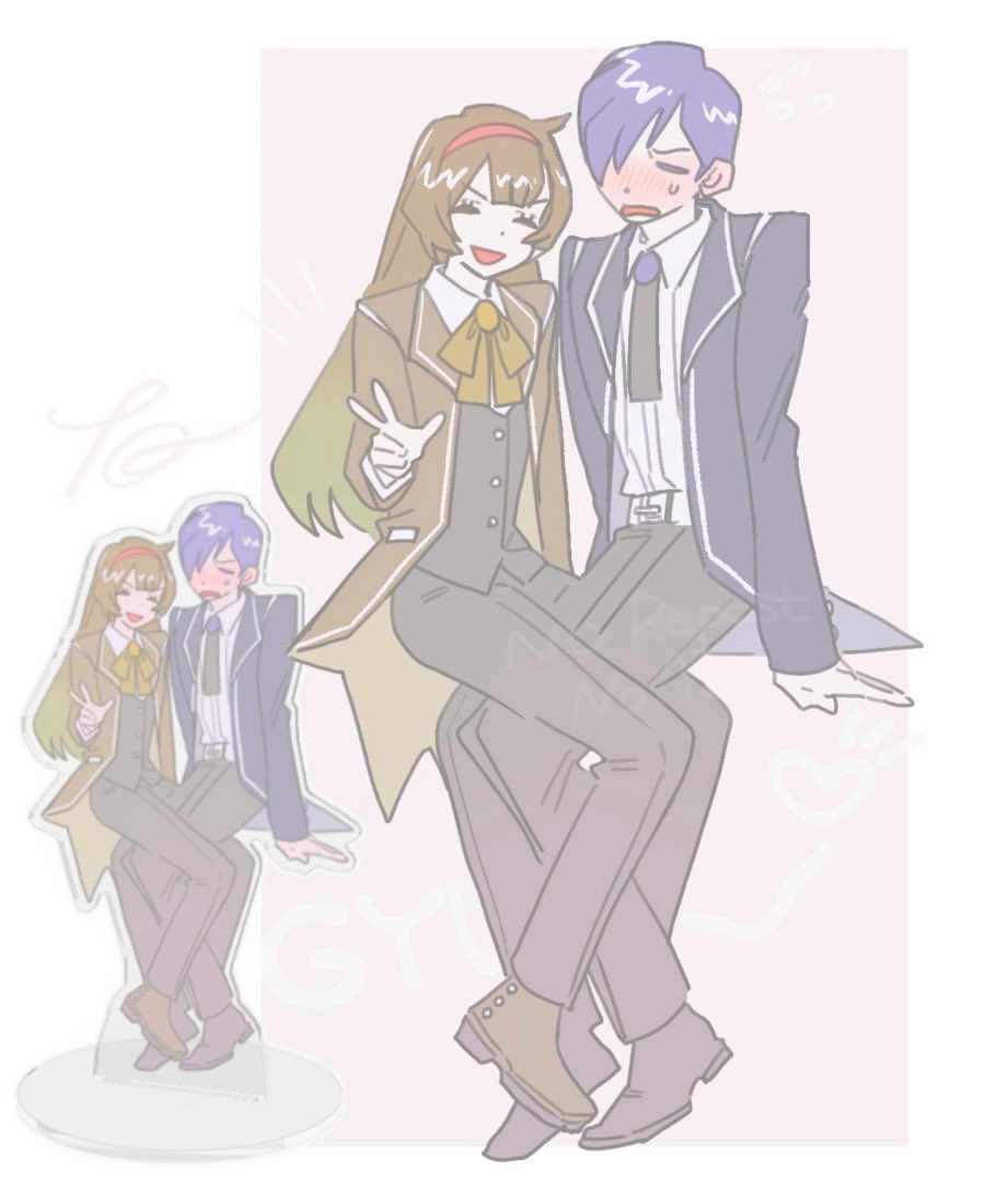 tama launcher, malkuth (project moon), yesod (project moon), library of ruina, project moon, commentary request, 1boy, 1girl, black pants, black vest, blush, boots, bow, bowtie, brown boots, brown bow, brown bowtie, brown jacket, closed eyes, collared shirt, full body, hand up, invisible chair, jacket, lapels, open mouth, pants, purple hair, purple jacket, shirt, sitting, vest, w, white shirt, white trim