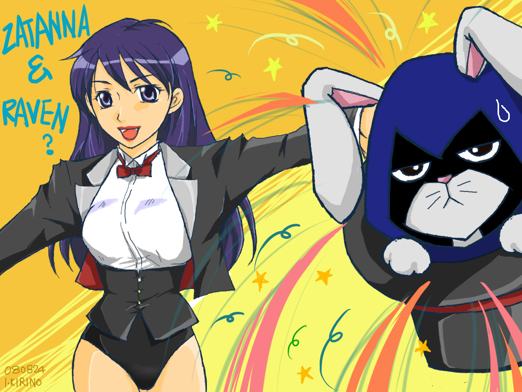 bichiko, raven (dc), zatanna zatara, cartoon network, dc comics, teen titans, 2girls, animal ears, bow, bowtie, female focus, hat, hood, jacket, long hair, magician, multiple girls, open mouth, purple eyes, purple hair, rabbit, rabbit ears, top hat