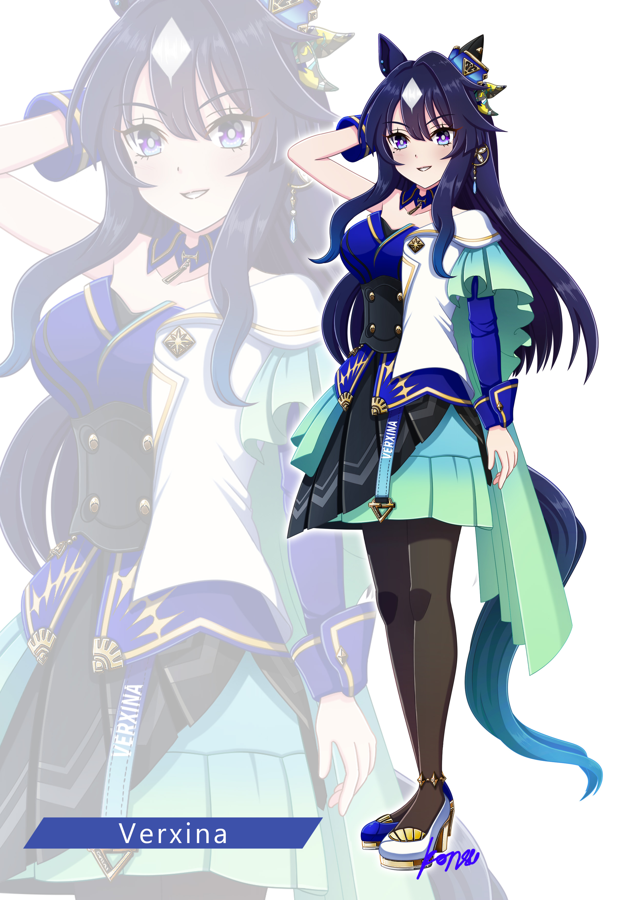 konsu (konsu1182da), verxina (le beau sommet) (umamusume), verxina (umamusume), umamusume, absurdres, commentary request, highres, revision, 1girl, animal ears, asymmetrical footwear, asymmetrical jacket, black pantyhose, blue eyes, blue hair, blush, breasts, character name, dress, ear covers, hair between eyes, horse ears, horse girl, horse tail, jacket, long hair, looking at viewer, medium breasts, mismatched footwear, mole, mole under eye, multicolored hair, pantyhose, parted lips, shoes, single ear cover, single sleeve, smile, tail, zoom layer