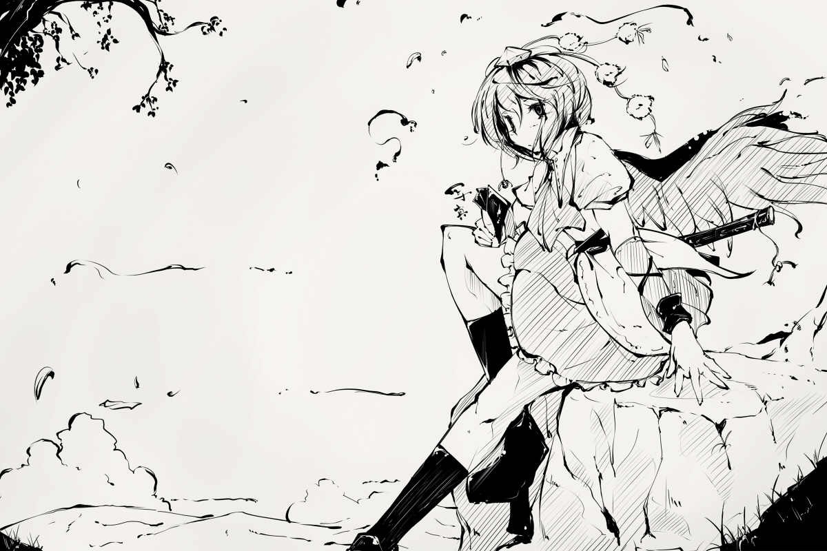 ryuu, ryuu (tsukinoyuki), shameimaru aya, touhou, 1girl, black socks, expressionless, female focus, geta, grey background, greyscale, hat, looking afar, looking at viewer, looking back, monochrome, pom pom (clothes), socks, solo, tengu-geta, tokin hat, wind, wings