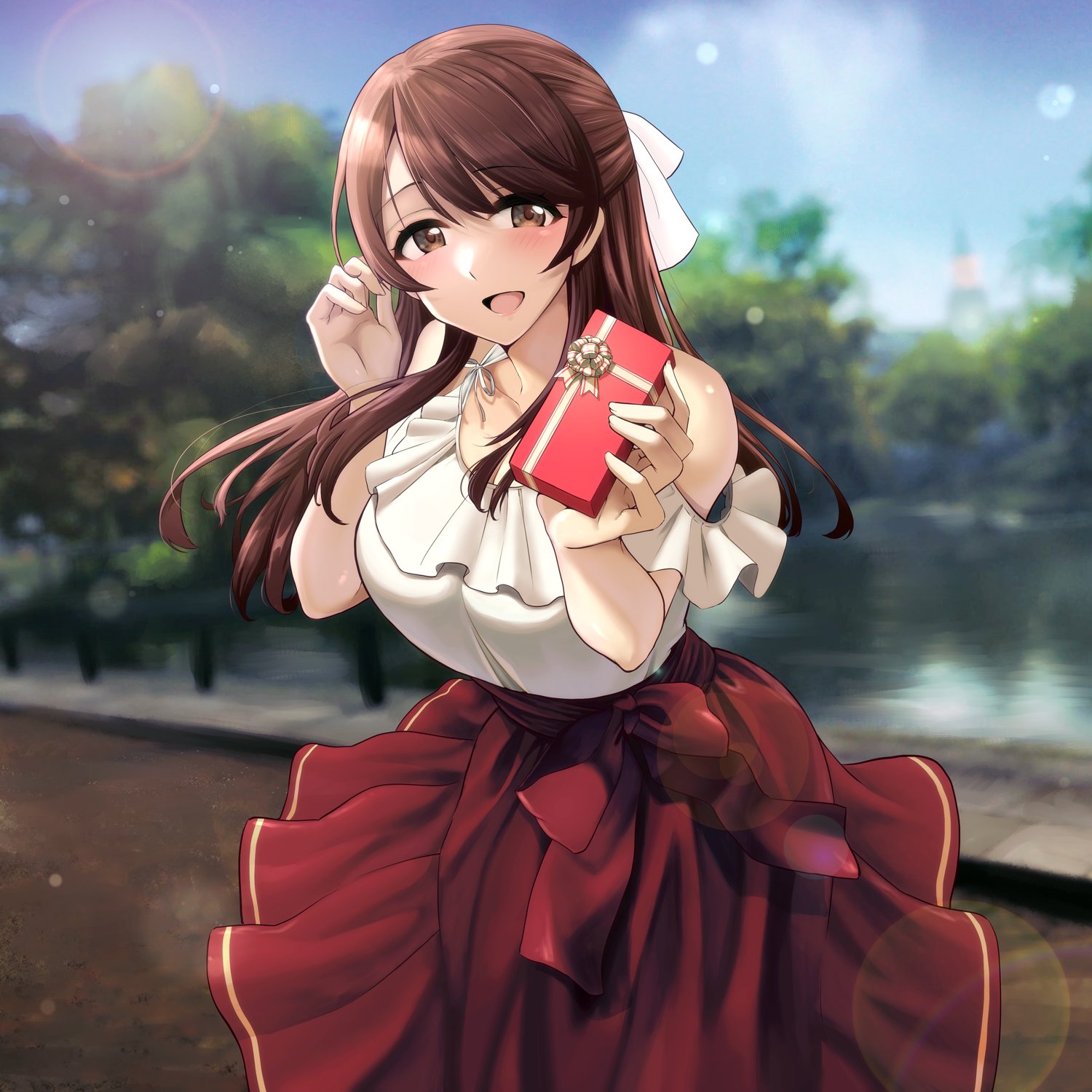 liar lawyer, karibuchi takami, brave witches, world witches series, commentary request, highres, 1girl, alternate costume, blush, box, brown eyes, brown hair, feet out of frame, gift, gift box, hairband, happy, holding, lake, long hair, open mouth, outdoors, red skirt, shirt, skirt, solo, standing, tree, white shirt