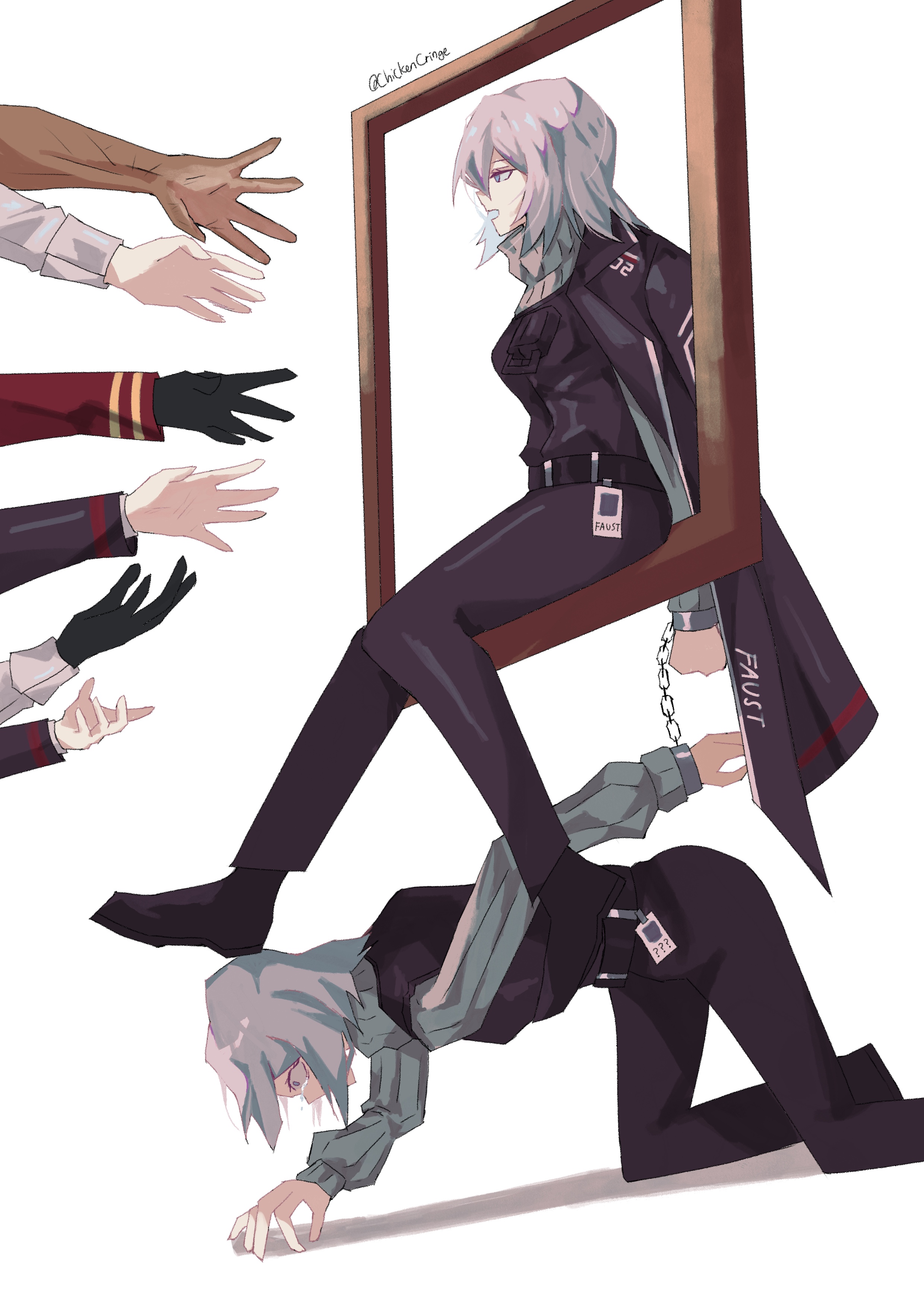 chickencringe, dante (limbus company), faust (project moon), heathcliff (project moon), ryoshu (project moon), yi sang (project moon), limbus company, project moon, absurdres, highres, all fours, black coat, black gloves, black pants, black shoes, coat, coat on shoulders, cuffs, dark-skinned male, dark skin, dual persona, gloves, handcuffs, id card, long sleeves, open mouth, pants, picture frame, red trim, shoes, short hair, white hair