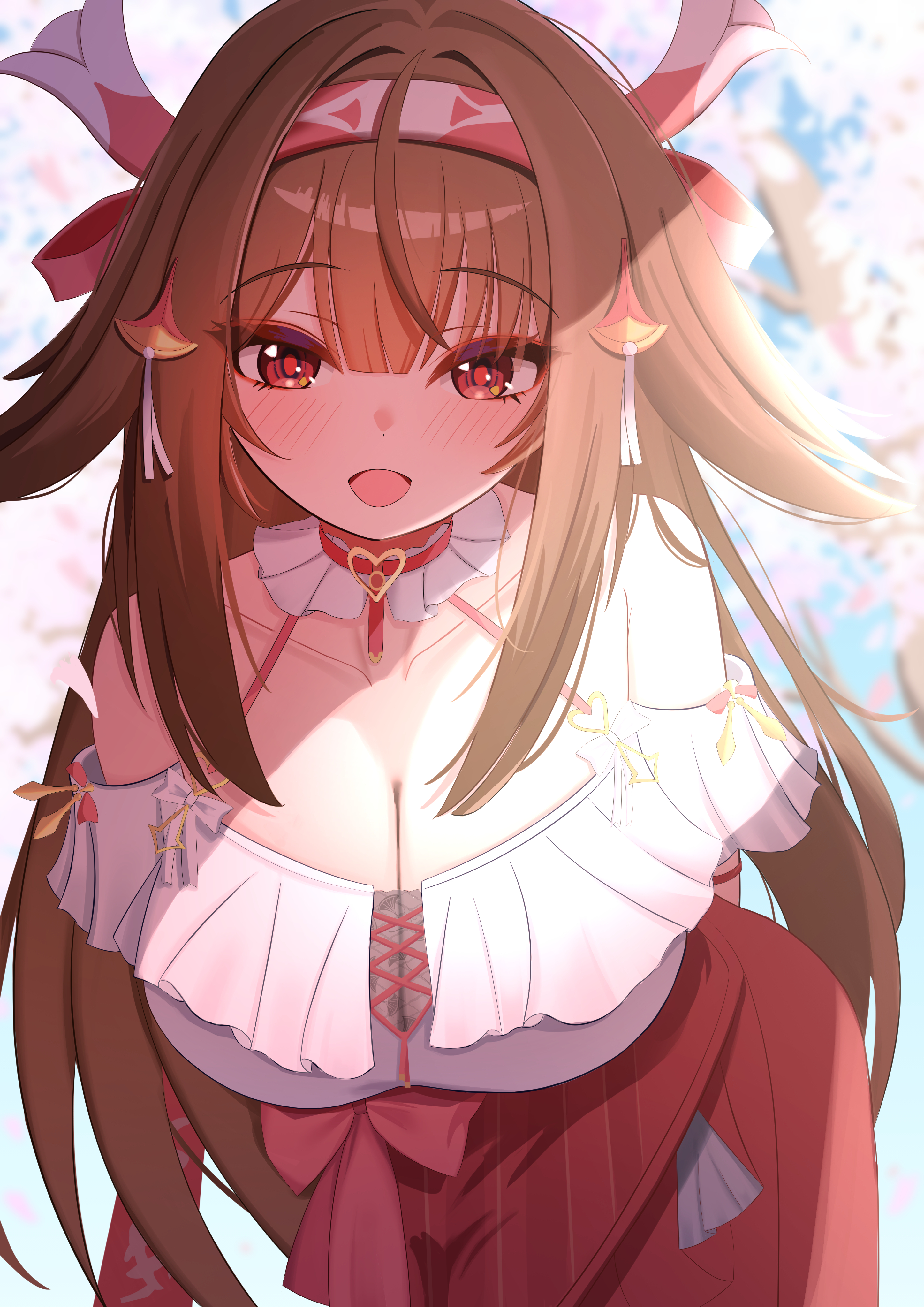 kurenaiaoi0, ye shunguang, ye shunguang (touch of dawnlight), zenless zone zero, absurdres, commentary request, highres, revision, 1girl, animal ear fluff, animal ears, armband, arms behind back, bare shoulders, blue sky, breasts, brown hair, cherry blossoms, cleavage, collar, collarbone, cross-laced clothes, cross-laced top, droopy ears, falling petals, frilled armband, frilled collar, frilled shirt, frilled shirt collar, frills, hairband, high-waist skirt, horse ears, horse girl, large breasts, leaning forward, long hair, long skirt, looking at viewer, multicolored hairband, official alternate costume, open mouth, outdoors, petals, red eyes, red skirt, shadow, shirt, skirt, sky, solo, very long hair, white armband, white hairband