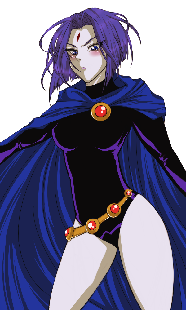 yamaneko tora, raven (dc), dc comics, teen titans, 1girl, blue eyes, blush, cape, colored skin, female focus, grey skin, leotard, long sleeves, purple hair, short hair, solo