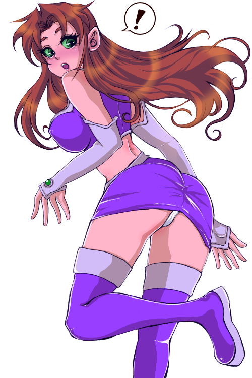 yamaneko tora, starfire, cartoon network, dc comics, teen titans, !, 1girl, ass, bare shoulders, breasts, colored skin, detached sleeves, female focus, green eyes, long hair, looking back, miniskirt, open mouth, orange hair, panties, pantyshot, pink skin, simple background, skirt, solo, tank top, thighhighs, underwear, white background, white panties