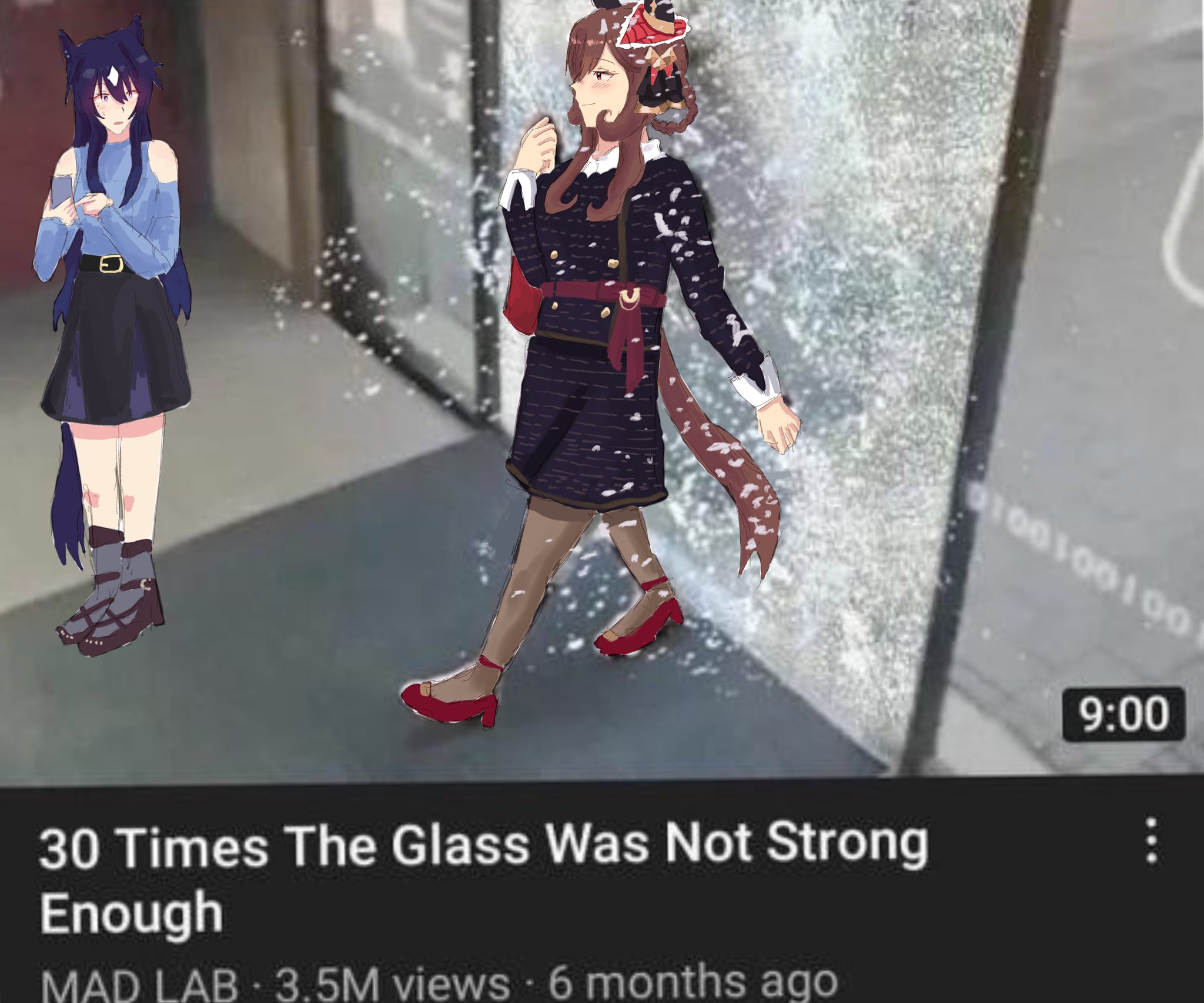 gentildonna (casual) (umamusume), gentildonna (umamusume), verxina (casual) (umamusume), verxina (umamusume), umamusume, youtube, screencap, commentary, english commentary, highres, 2girls, animal ears, black jacket, black skirt, blue hair, blue shirt, braid, braided hair rings, brown hair, brown pantyhose, brown shoes, casual, ear covers, english text, glass, gnvr, hair between eyes, hair rings, heart-shaped ornament, heart ear ornament, high heels, horse ears, horse girl, jacket, long hair, long sleeves, looking at another, mole, mole under eye, multiple girls, pantyhose, red eyes, shirt, shoes, skirt