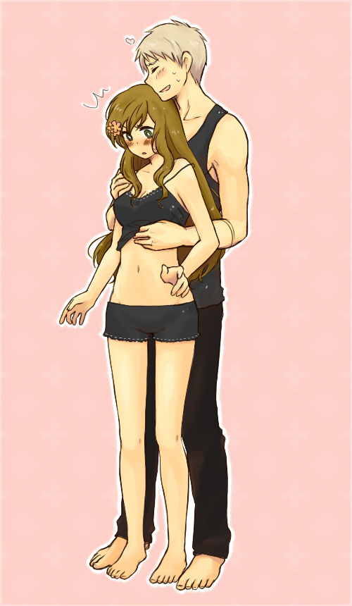 shiroan, hungary (hetalia), prussia (hetalia), axis powers hetalia, 1boy, 1girl, ^^^, barefoot, blush, camisole, clothes lift, couple, feet, flower, green eyes, grey hair, hair flower, hair ornament, hetero, hug, long hair, midriff, navel, shirt lift, shorts, smile, surprised, surprised arms, sweat