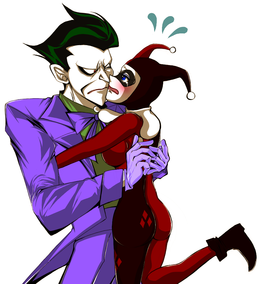 yamaneko tora, harley quinn, the joker, batman (series), dc comics, 1boy, 1girl, blue eyes, blush, bodysuit, bow, bowtie, couple, formal clothes, green hair, hat, jacket, jester cap, mask, red eyes, short hair, tears