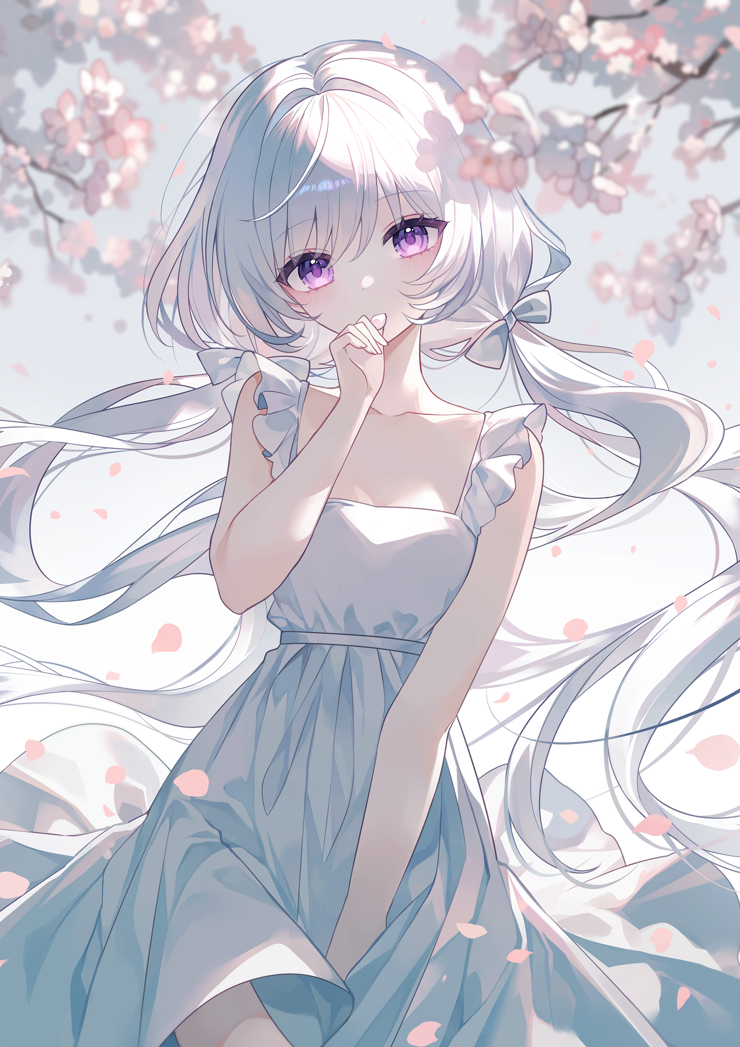 g ieep, original, absurdres, commentary, commentary request, highres, symbol-only commentary, 1girl, bare arms, blurry, blurry background, blurry foreground, bow, branch, breasts, collarbone, covered mouth, depth of field, dress, floating hair, flower, grey bow, grey hair, hair between eyes, hair bow, hair intakes, hand to own mouth, hand up, head tilt, long hair, looking at viewer, low twintails, petals, purple eyes, sleeveless, sleeveless dress, small breasts, solo, twintails, very long hair, white dress, white flower