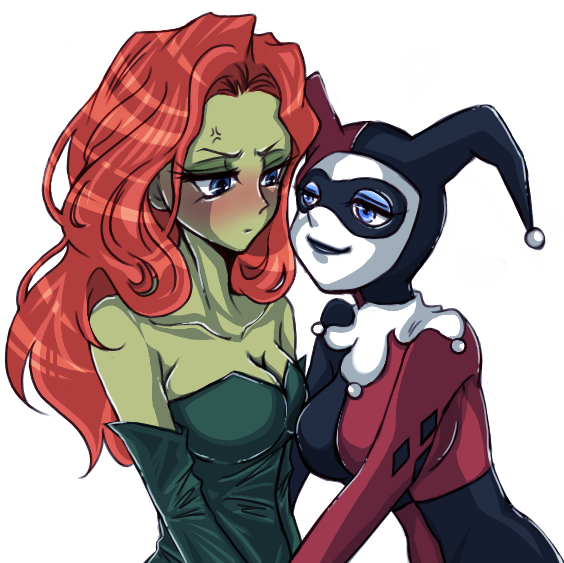 yamaneko tora, harley quinn, poison ivy, dc comics, 2girls, anger vein, angry, annoyed, arm at side, bare shoulders, black lips, blue eyes, blush, bodysuit, breasts, cleavage, closed mouth, collarbone, colored skin, couple, elbow gloves, eye contact, eyeshadow, female focus, gloves, green gloves, green leotard, green skin, half-closed eyes, hat, jester cap, large breasts, leotard, lips, lipstick, long hair, looking at another, makeup, mask, medium breasts, multiple girls, neck, orange hair, parted bangs, red hair, simple background, smile, strapless, strapless leotard, white background, yuri