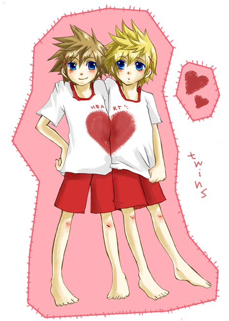 roxas, sora (kingdom hearts), kingdom hearts, 2boys, barefoot, blonde hair, blue eyes, brothers, brown hair, feet, heart, male focus, multiple boys, shirt, shorts, siblings, smile, t-shirt, toes, twins, yaoi