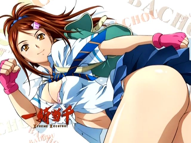 rin-sin, bachou mouki, mouki bachou, ikkitousen, ikkitousen xtreme xecutor, striped, anime screenshot, official art, 00s, 10s, areola slip, ass, backpack, bag, bent over, bra, breasts, brown hair, buttons, character name, cleavage, clenched hands, copyright name, cowboy shot, dutch angle, earrings, eyecatch, fingerless gloves, from side, gloves, hair ornament, hairclip, jewelry, large breasts, light smile, logo, long hair, looking at viewer, magatama, midriff, miniskirt, necktie, open clothes, open shirt, orange eyes, panties, pantyshot, parted bangs, pink bra, pink gloves, pleated skirt, school uniform, shadow, shiny skin, shirt, short sleeves, single earring, skirt, sleeve cuffs, smile, solo, swept bangs, thick thighs, thighs, topknot, unbuttoned, underwear, white background, white panties, wing collar