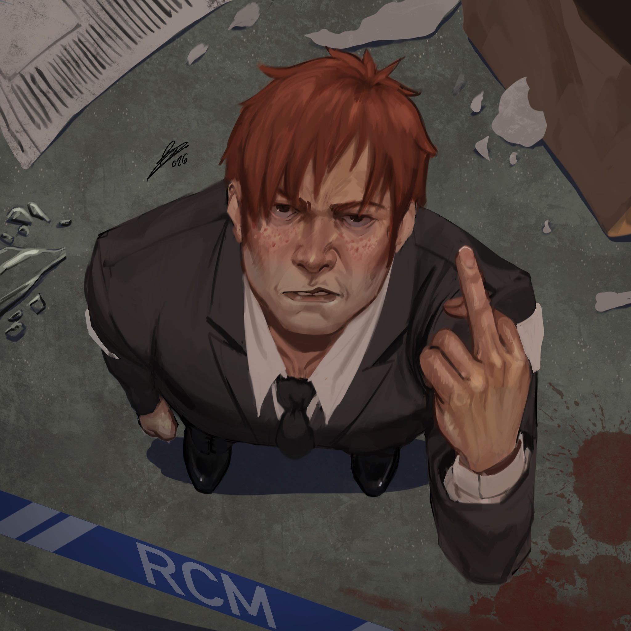 nurve26, cuno, disco elysium, commentary, english commentary, highres, 1boy, :/, aegyo sal, black eyes, black jacket, black necktie, black vest, brown hair, caution tape, clenched hand, collared shirt, formal clothes, freckles, from above, full body, glaring, jacket, looking at viewer, male focus, middle finger, mud, necktie, paper, shirt, short hair, solo, splatter, standing, vest, white shirt