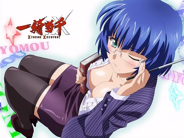 ryomou shimei, ikkitousen, ikkitousen xtreme xecutor, 00s, 10s, 1girl, adjusting eyewear, bespectacled, blue hair, breasts, cleavage, downblouse, female focus, formal clothes, glasses, green eyes, jacket, large breasts, mole, mole under mouth, nipple slip, nipples, no eyepatch, one eye closed, open clothes, open shirt, pencil skirt, shirt, short hair, skirt, skirt suit, solo, suit, teacher, thighhighs, unbuttoned, wink, zettai ryouiki