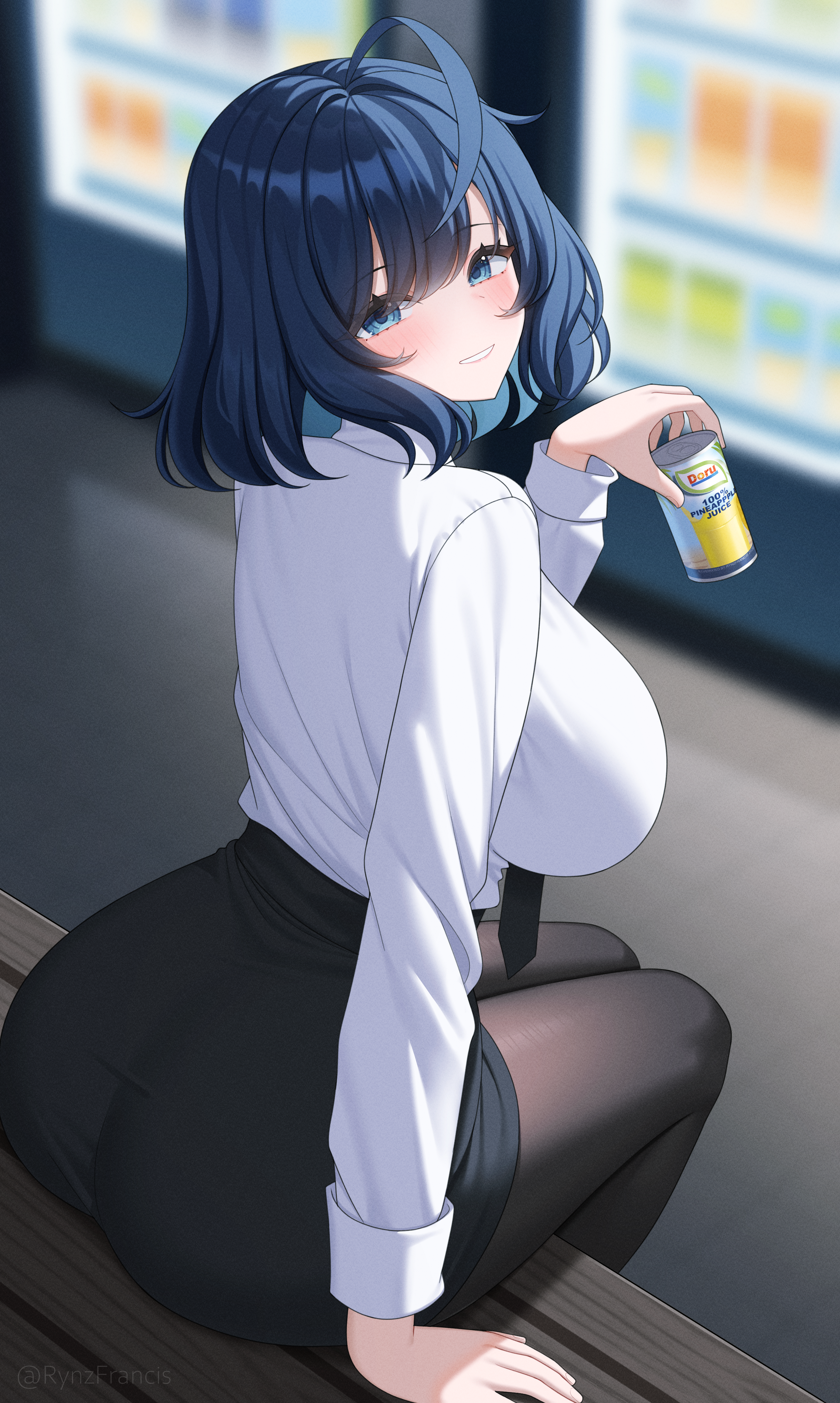 rynzfrancis, original, absurdres, commentary request, highres, 1girl, ahoge, arm support, black pantyhose, black skirt, blue eyes, blue hair, blurry, blurry background, blush, breasts, can, collared shirt, colored inner hair, dress shirt, grin, holding, holding can, large breasts, long sleeves, looking at viewer, medium hair, multicolored hair, night, office lady, outdoors, pantyhose, shirt, sitting, skirt, smile, solo, teeth, two-tone hair, vending machine, white shirt