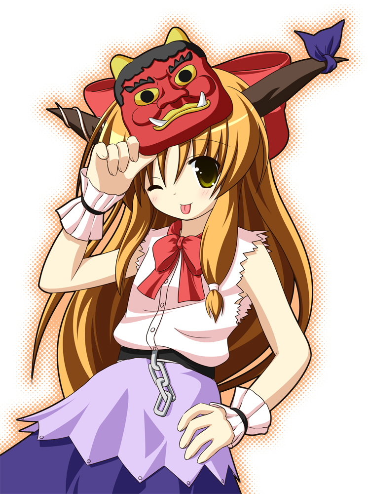 pila-pela, ibuki suika, touhou, bad id, bad pixiv id, 1girl, :p, ;p, brown hair, chain, female focus, halftone, halftone background, hand on own hip, horns, long hair, mask, one eye closed, oni mask, orange hair, solo, tongue, tongue out, very long hair, wink, yellow eyes
