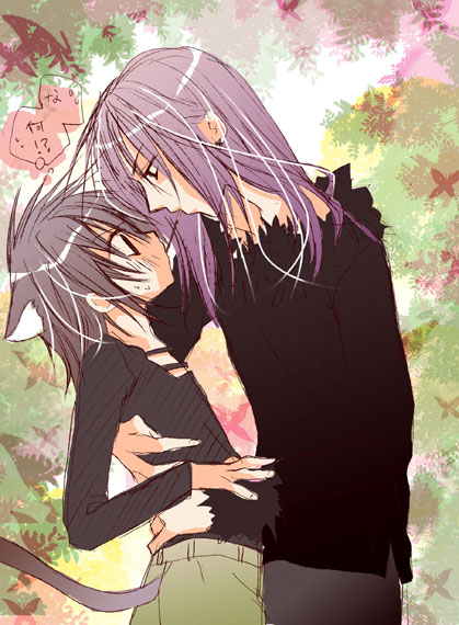 loveless, 2boys, animal ears, cat ears, cat tail, hug, long hair, multiple boys, pocky, pocky kiss, purple hair, shared food, tail