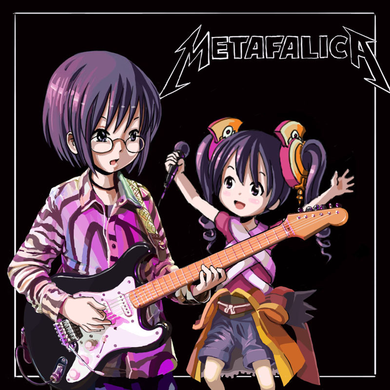 chroah vatel, cocona vatel, ar tonelico, ar tonelico ii, gust, metallica, 1boy, 1girl, glasses, guitar, instrument, microphone, parody, pun